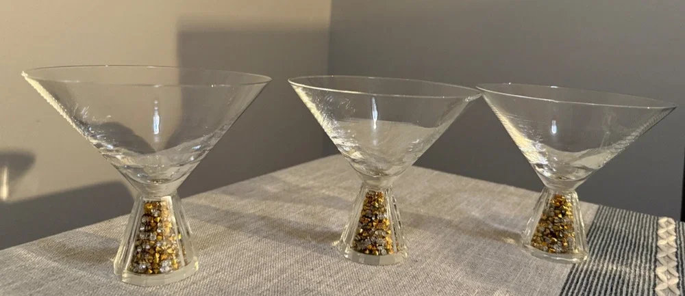 🍸✨ Set of 3 Martini Glasses w/ Gold & Clear Crystal-Style Filled Stems | 4.5”